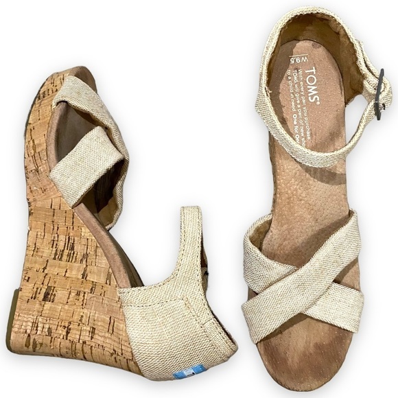 TOM'S Sienna Cork Wedge Sandal Beige 9.5W - Picture 1 of 13